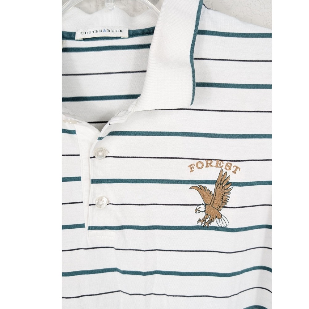 Cutter &‎ Buck Mens Polo Shirt Striped FOREST Eagle Logo White Green Size M
